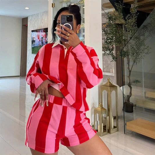 Womens Stylish Striped Printed Long-Sleeve Top And Shorts Set by GJG Denim