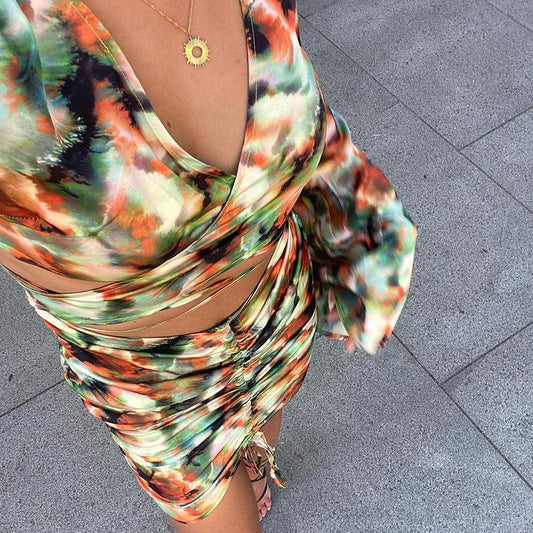 Women's Printed V-Neck Tie Long Sleeve Drawstring Hip Wrap Dress