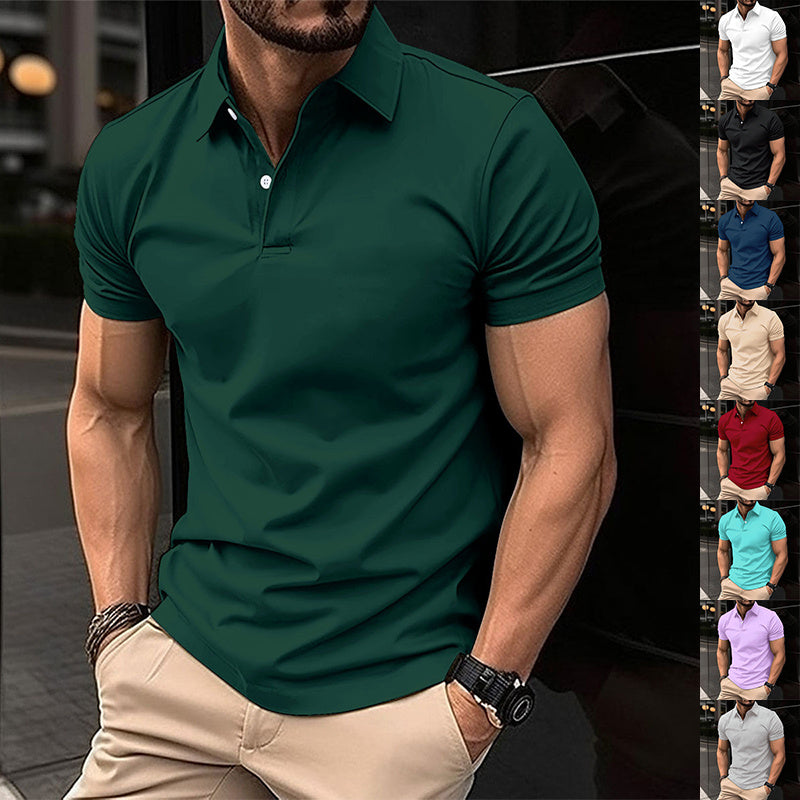 Short Sleeve Polo Shirt Men Solid Color Button Lapel Button Top