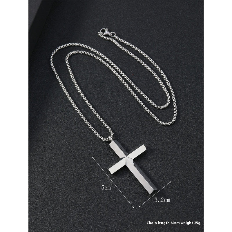 Round Large Beveled Cross Necklace Titanium Steel For Men