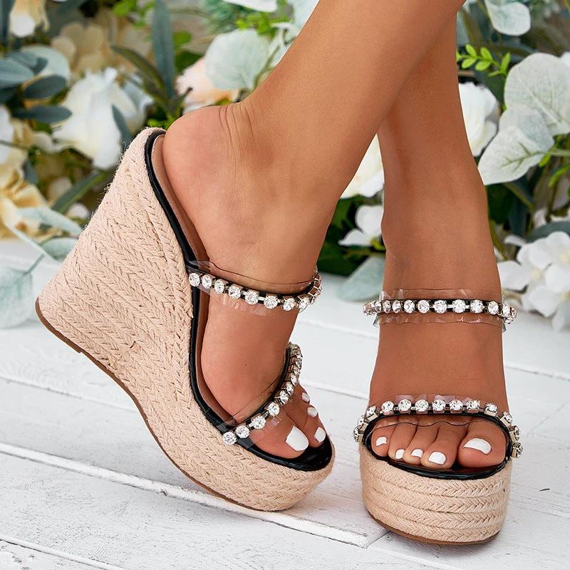 Women's Rhinestone Strap Hemp Muffin Platform Wedge Sandals by GJG Denim