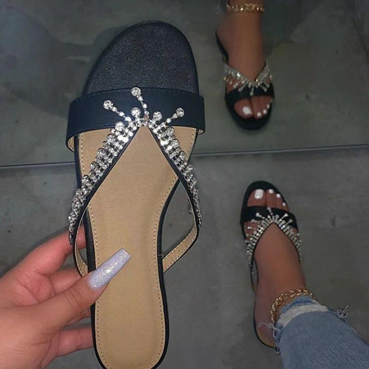 Hand-Beaded Flat Sandals With Diamonds by GJG Denim