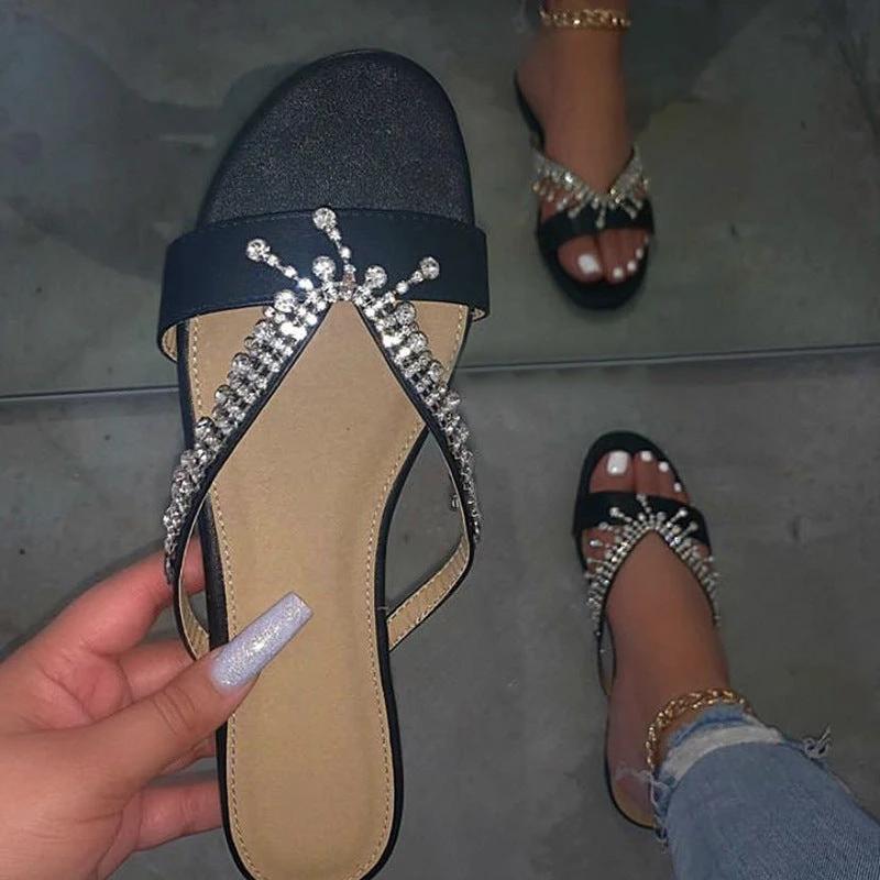 Hand-Beaded Flat Sandals With Diamonds by GJG Denim