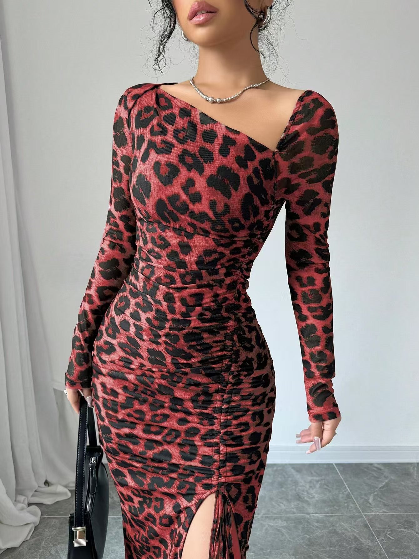 New Women's irregular V-Neck Long Sleeve Sexy Leopard Print Dress