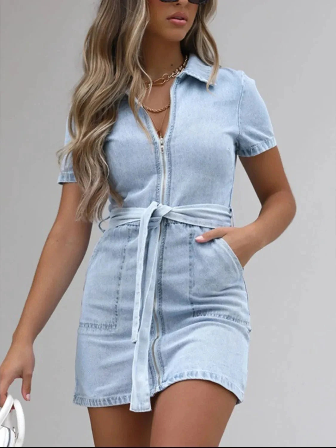 Full Size Zip Front Short Sleeve Denim Dress Plus Size by Lady Ros