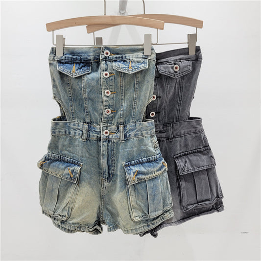 Hot Girl Breasted Hollow-out Midriff Tube Top Cowboy Siamese Shorts For Women