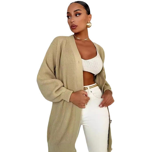 European And American Pure Color Casual Versatile Loose V-neck Early Autumn Knitted Cardigan