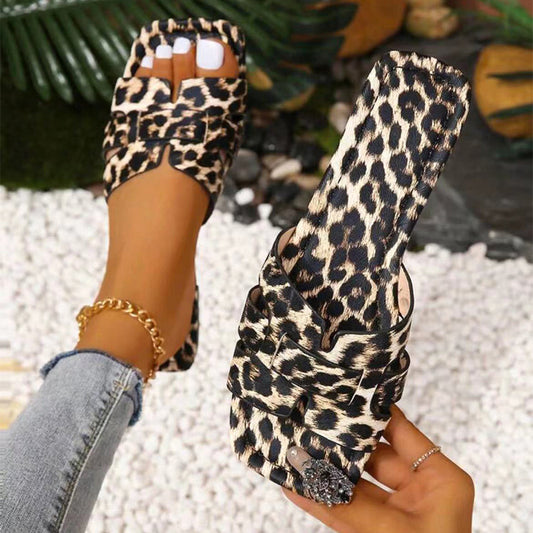 Leopard Print Square Toe Casual  Sandals