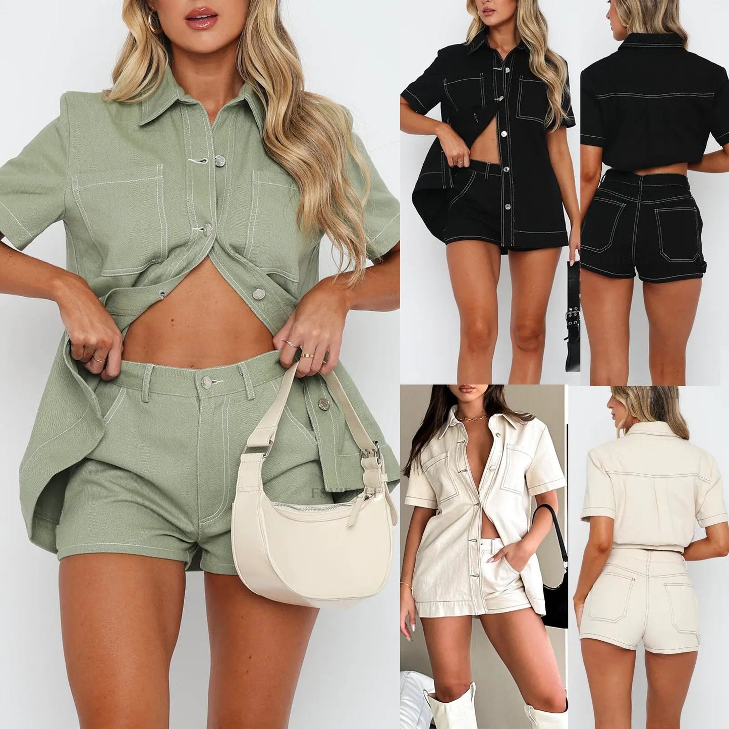 Retro Workwear Long Shirt And Shorts Two-Piece Set by GJG Denim