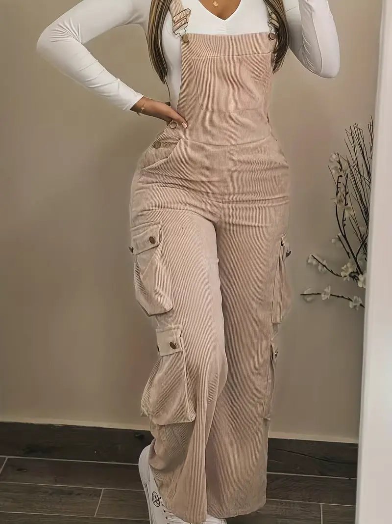 Women Casual Multi Pocket Corduroy Overalls Jumpsuits Straight Leg Cargo Pants by GJG Denim