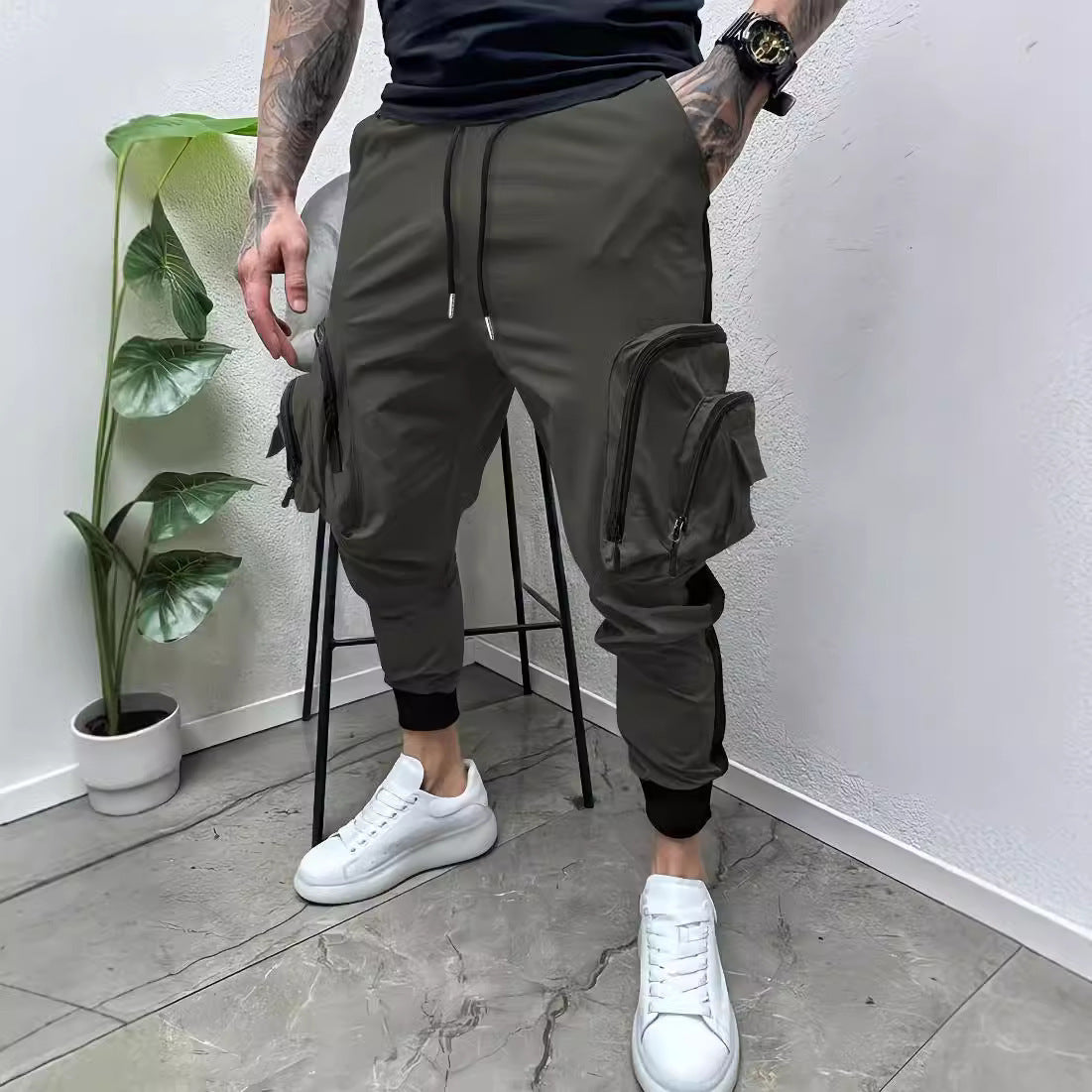 Casual Zipper Multi-pocket Color Matching Tapered Pants For Men