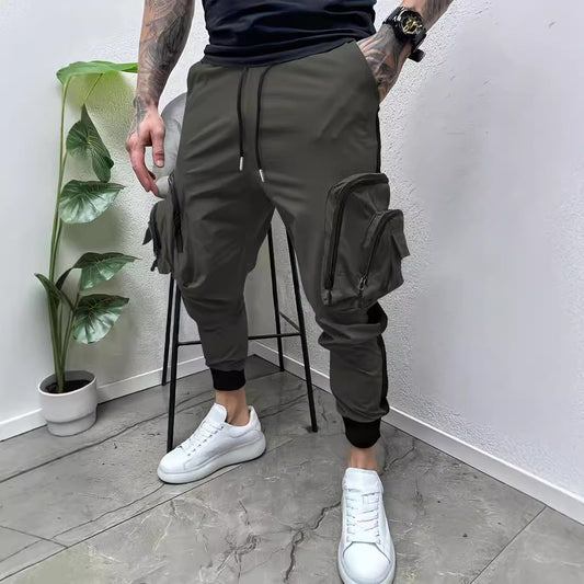Casual Zipper Multi-pocket Color Matching Tapered Pants For Men