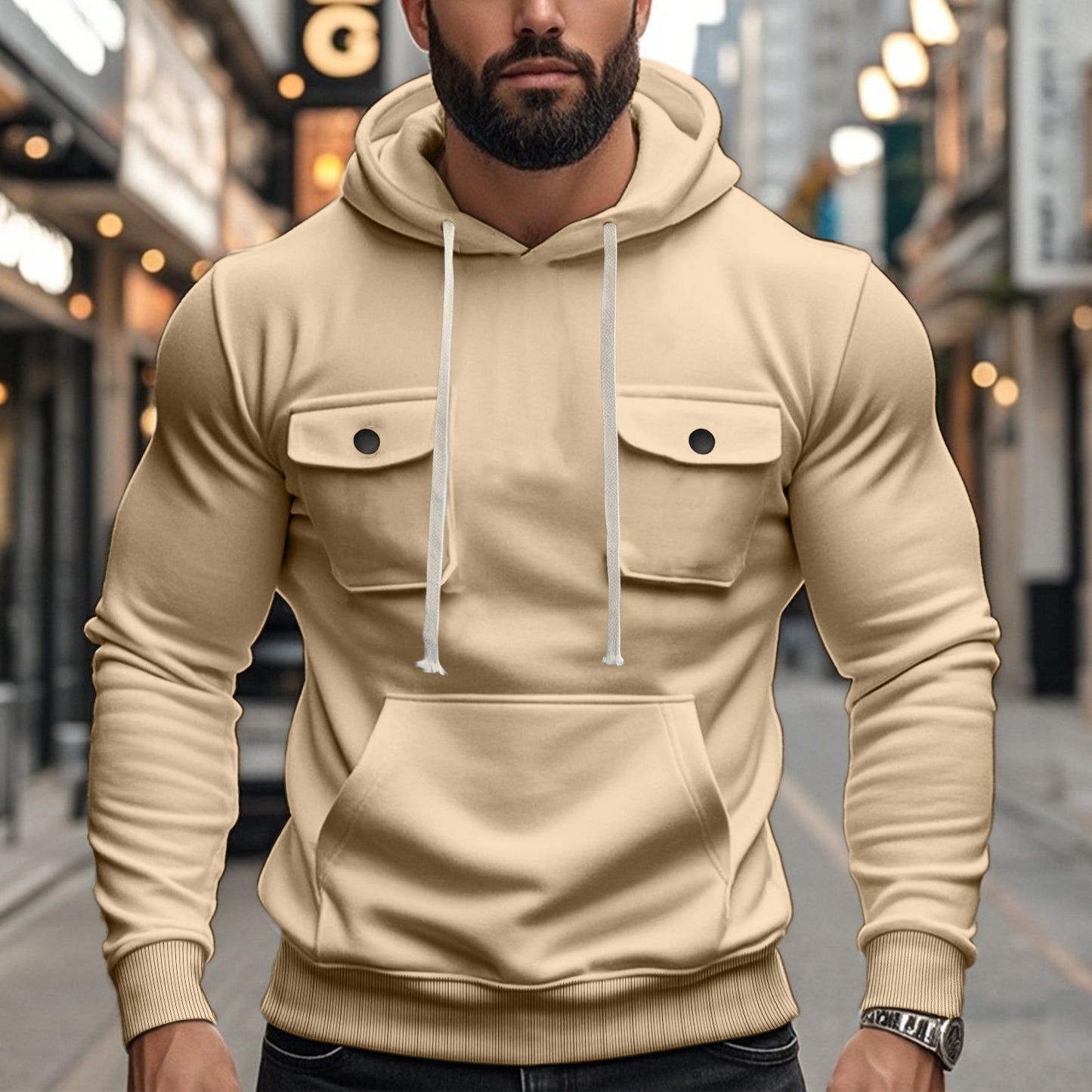 Men's  Multi-pocket Long Sleeve Solid Color Hoodies