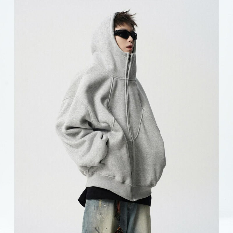 Men's Loose Design Stitching Zip-up Hooded Sweater