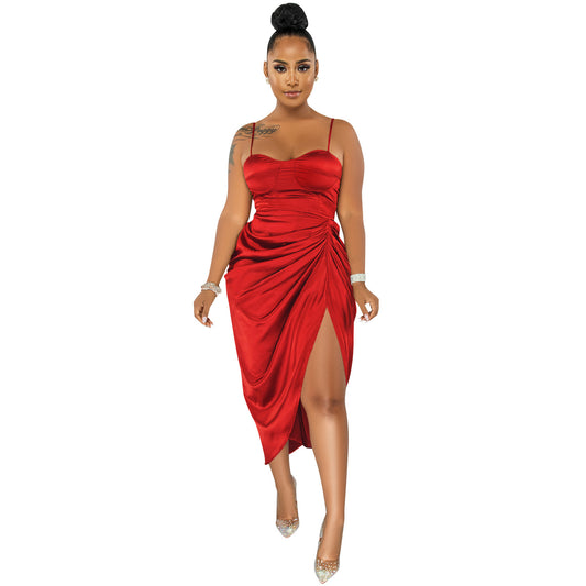 Fashion Solid Color Women's Sling Wrap Chest Ruched Slit Dress