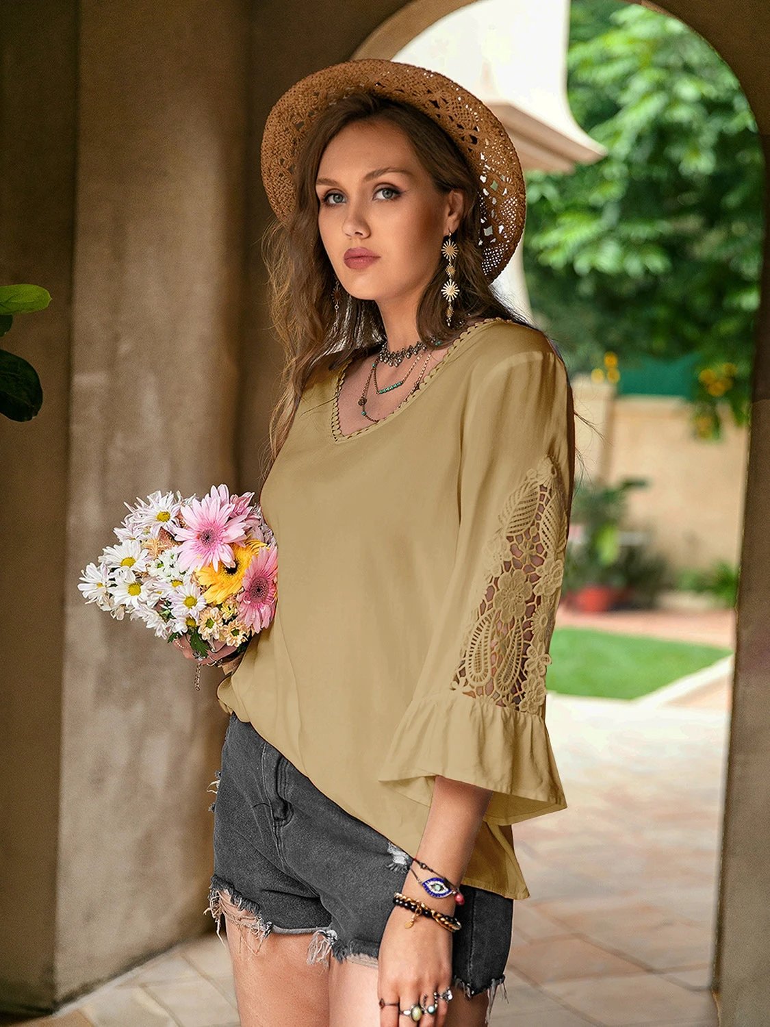 Plus Size Lace Detail V-Neck Flounce Sleeve Blouse by Lady Ros