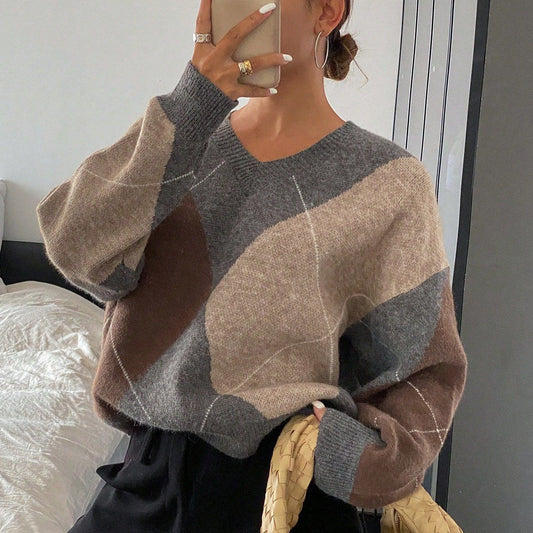 Retro Hit Color Diamond Lattice V-neck Sweater