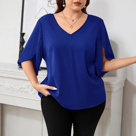 Fashion Solid Color Plus Size T-shirt Loose All-match V-neck