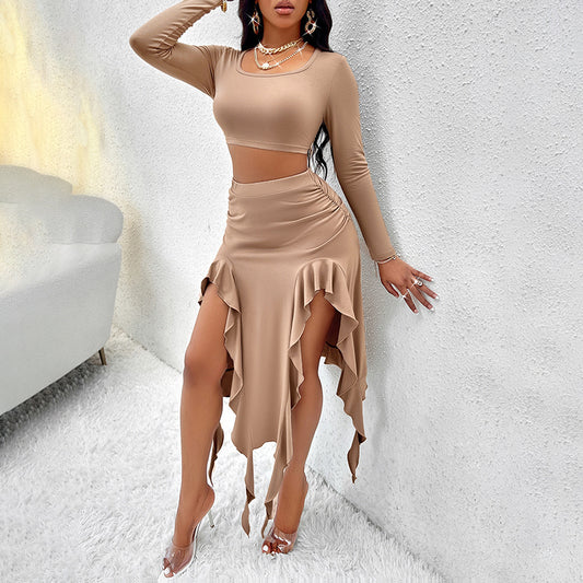 Women's Long Sleeve Round Neck Pleated Dress Suit - Solid Color Elegant Ruffle Outfit