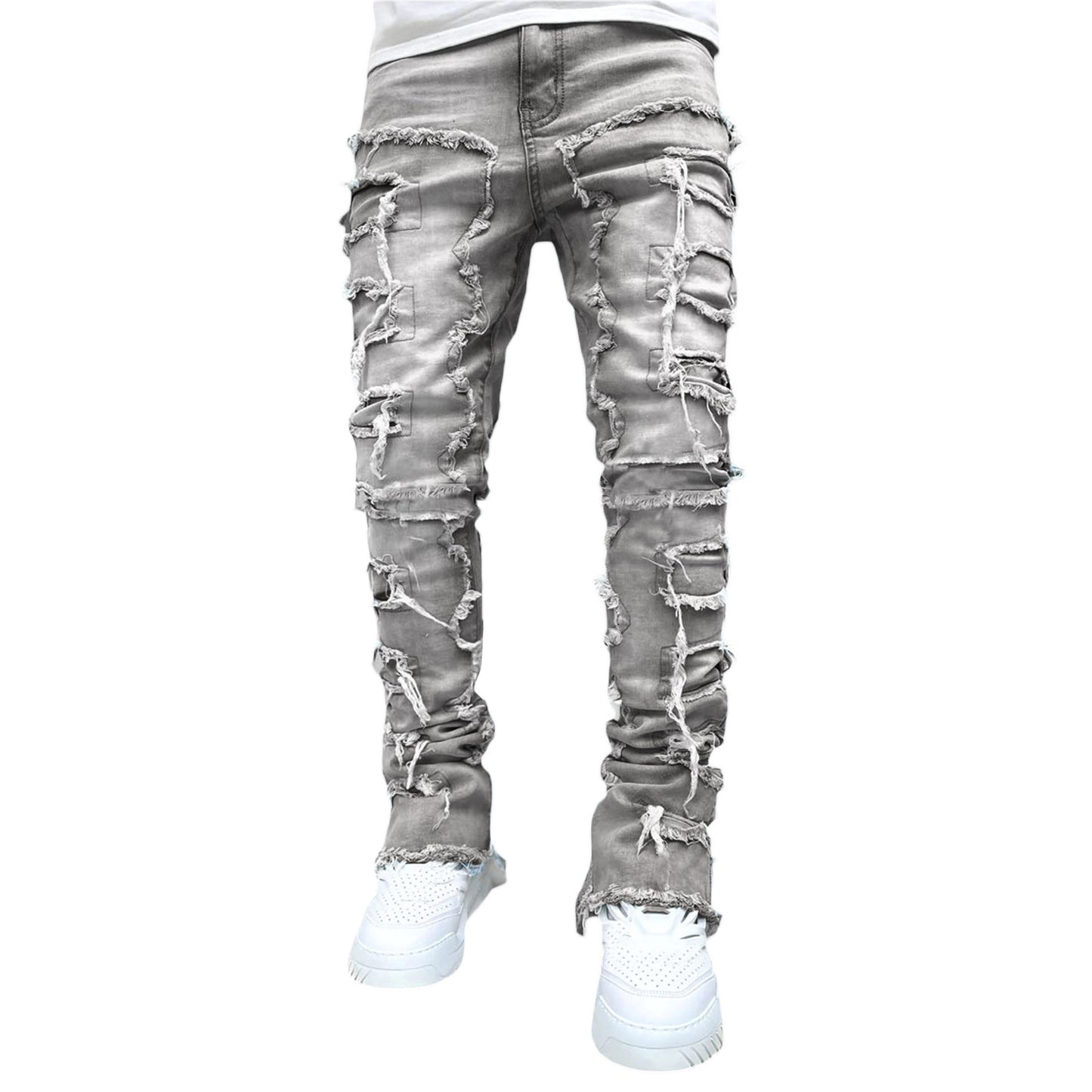 Men's Individual Patched Pants Long Tight Fit Stacked Jeans