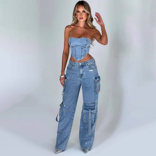 Tube Top And Pocket Stitching Jeans Pants