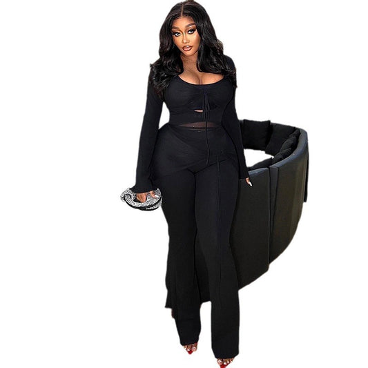 Women's Solid Color Casual Suit Mesh Stitching