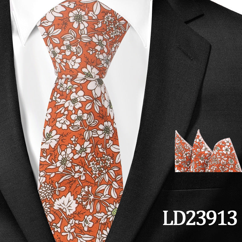 Men's Casual Cotton Floral Print 6cm Tie and Pocket Square
