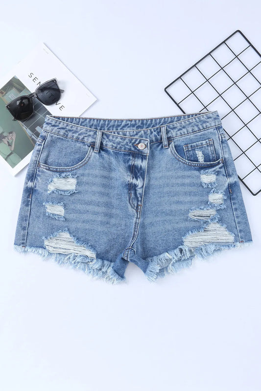 Crossover Cutie High Rise Distressed Denim Shorts