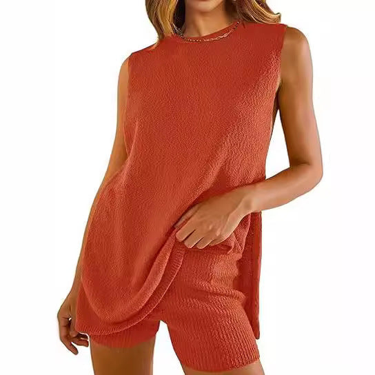 Summer Loose-fitting Casual Round-neck Vest Shorts Knitting Suit Women