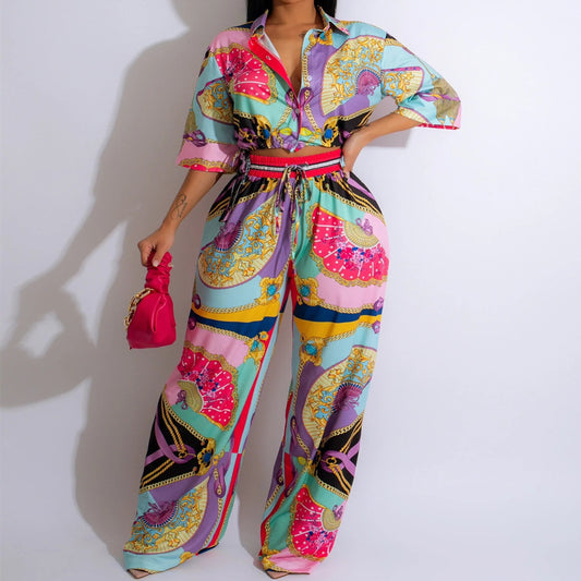 Fan Pattern Printed Short Sleeve Set