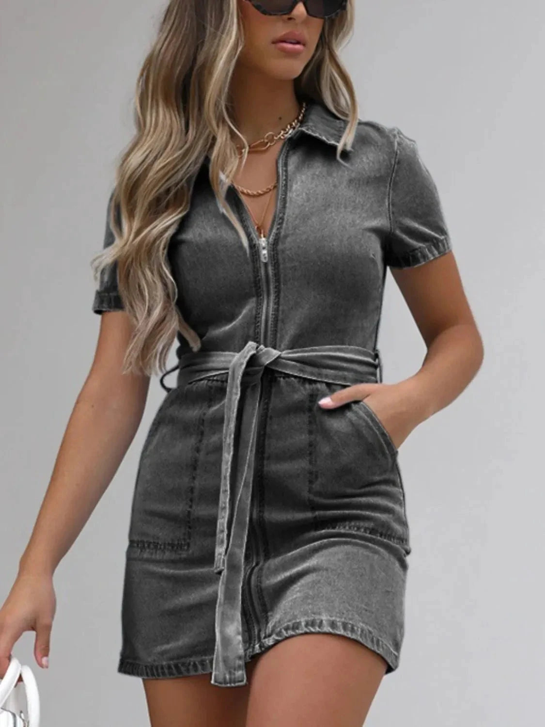 Full Size Zip Front Short Sleeve Denim Dress Plus Size by Lady Ros