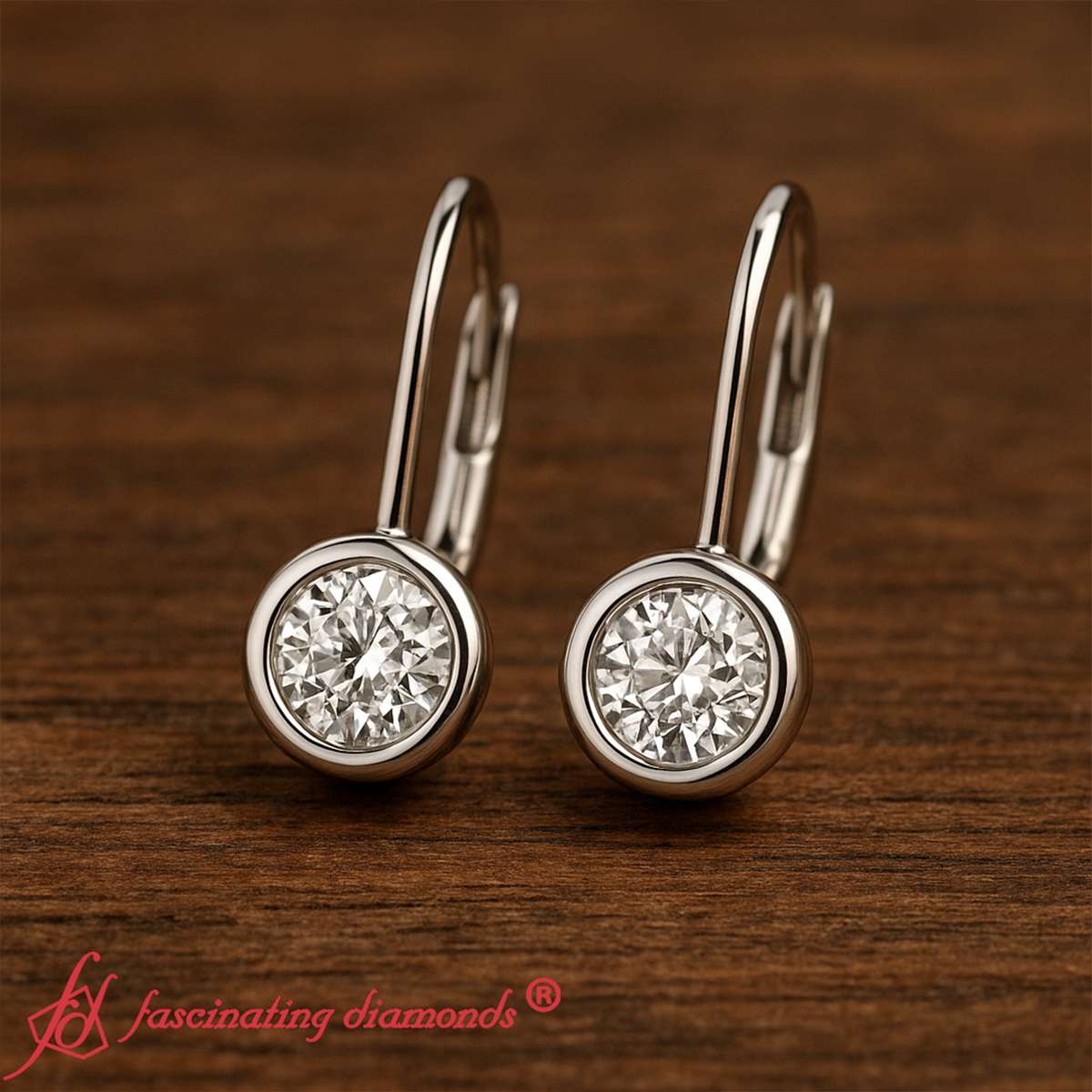 Lever Back Bezel Set Round Diamond Earrings
