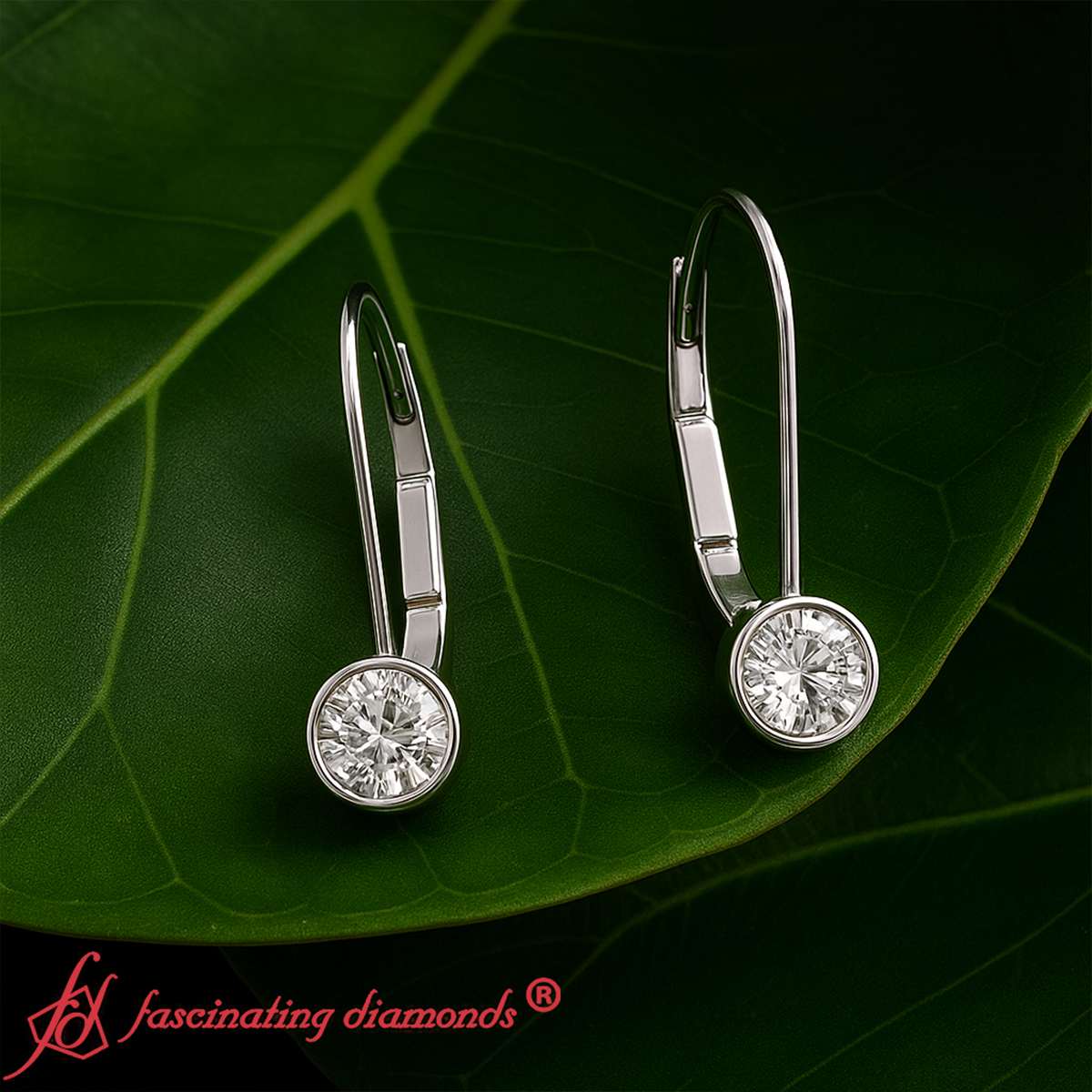 Lever Back Bezel Set Round Diamond Earrings