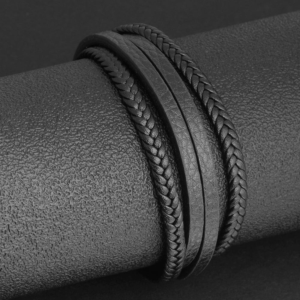 Stainless Steel Faux Leather Braided Rope Magnetic Clasp Bracelet For Men