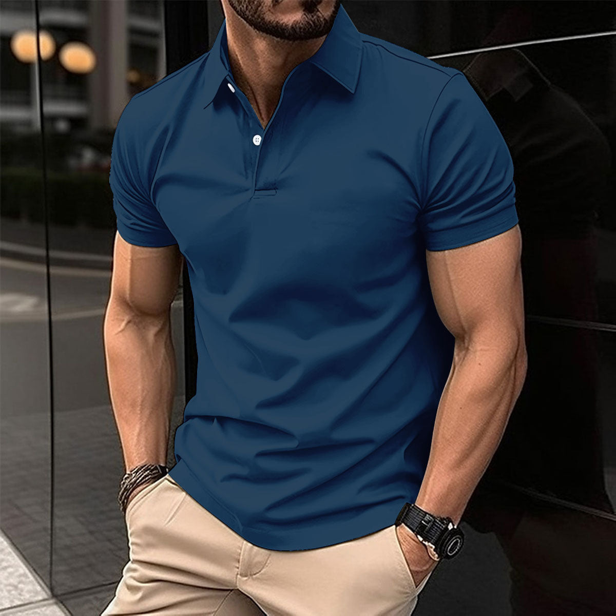 Short Sleeve Polo Shirt Men Solid Color Button Lapel Button Top