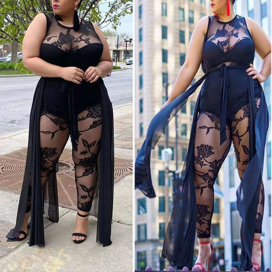 Plus Size Women's Sexy Flocking Jumpsuit Temperament Commuter