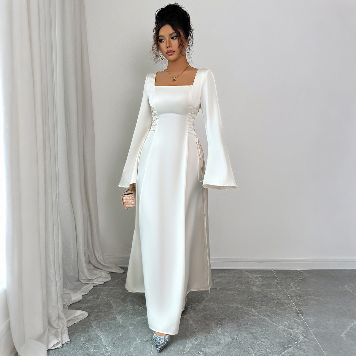 Elegant Solid Color Long Sleeve Dress Women's Clothing