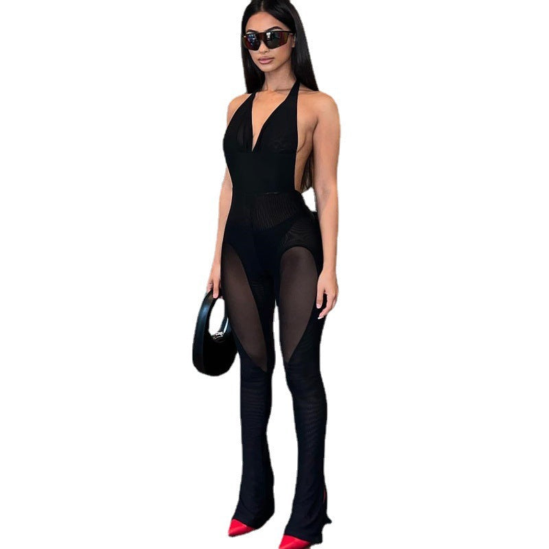 Solid V-neck Mesh Splice Bodysuit