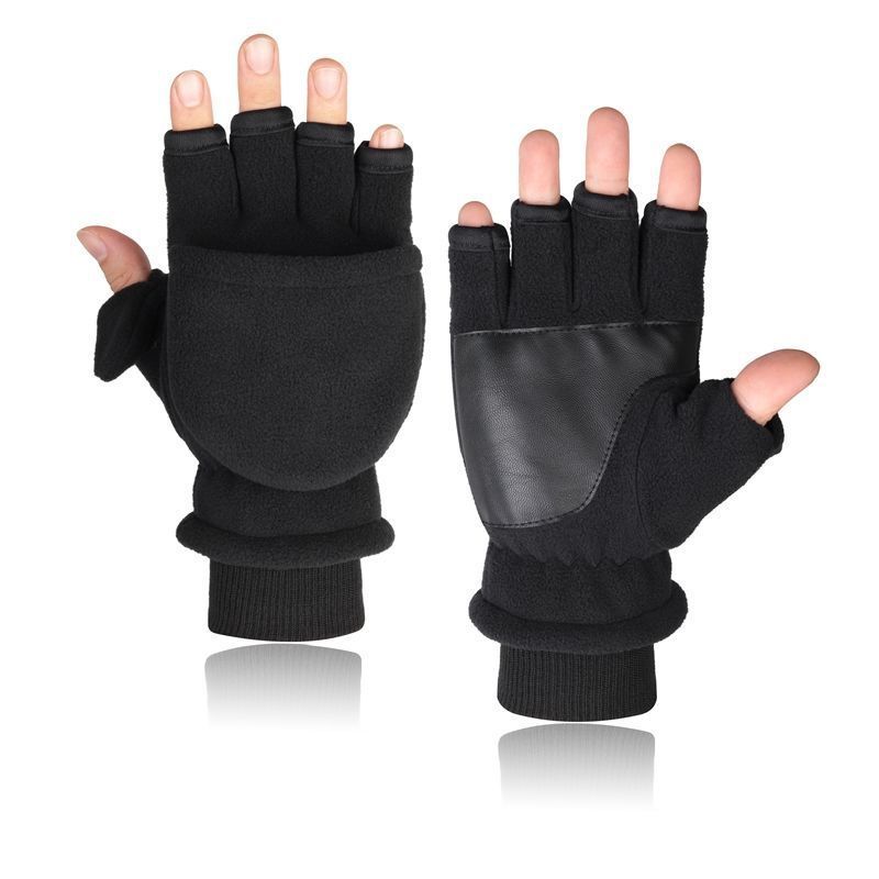 Men's Double-layer Velvet Flip Touch Screen Half Finger Gloves