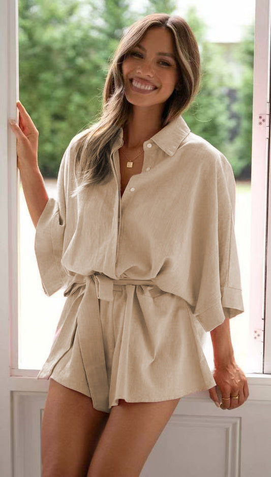 Summer Polo Collar Mid Sleeve Waist Lace up Loose Romper