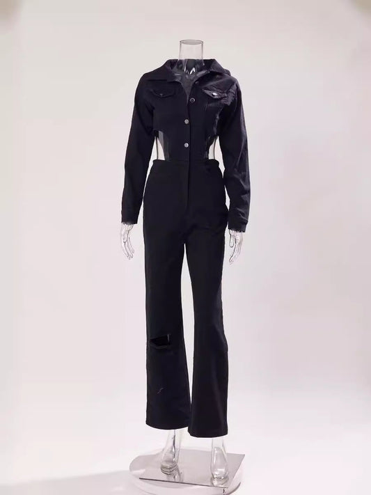 Sexy Shein Jumpsuit Casual Elastic Hollow Out Cutout out Denim Jumpsuit