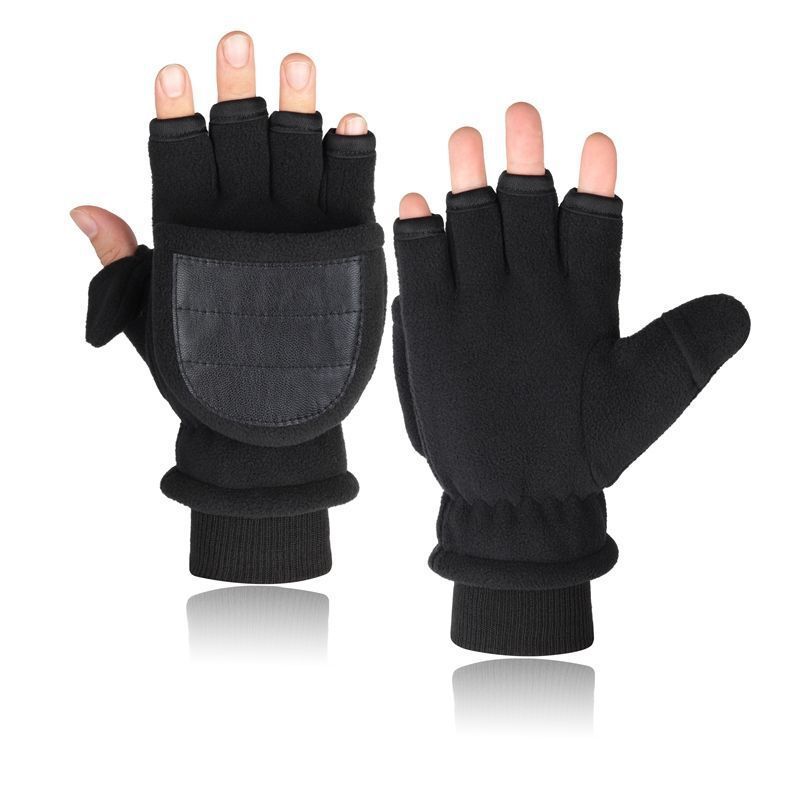 Men's Double-layer Velvet Flip Touch Screen Half Finger Gloves