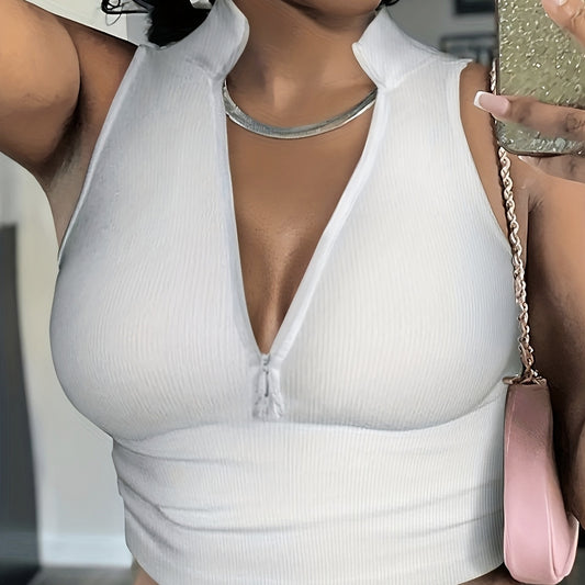 Women's V-neck Short Zipper Design Ribbed Knit Camisole Vest