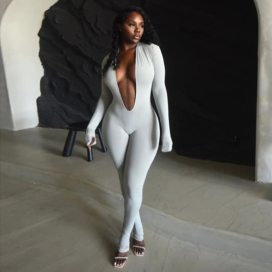 New Women's Fashion Sexy Backless Deep V Long Sleeve Solid Color Tight Jumpsuit