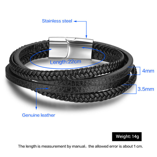 Stainless Steel Faux Leather Braided Rope Magnetic Clasp Bracelet For Men