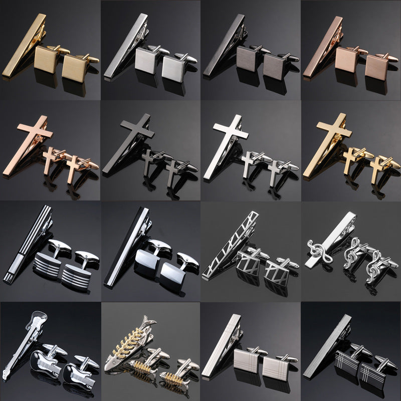 Gold Silver Black Square Brushed Tie Clip And Cufflinks