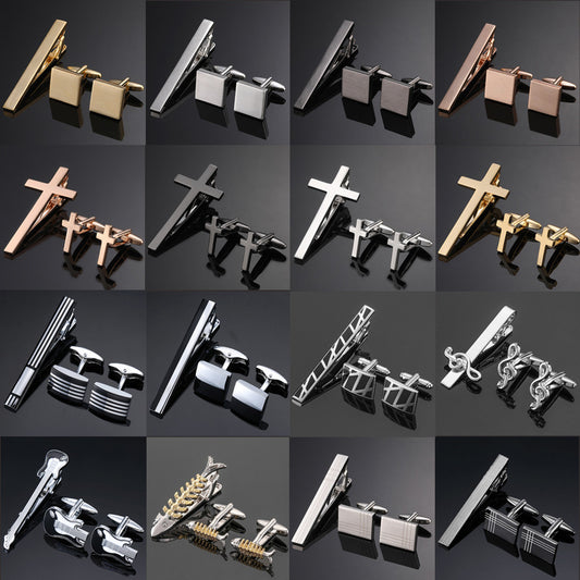 Gold Silver Black Square Brushed Tie Clip And Cufflinks