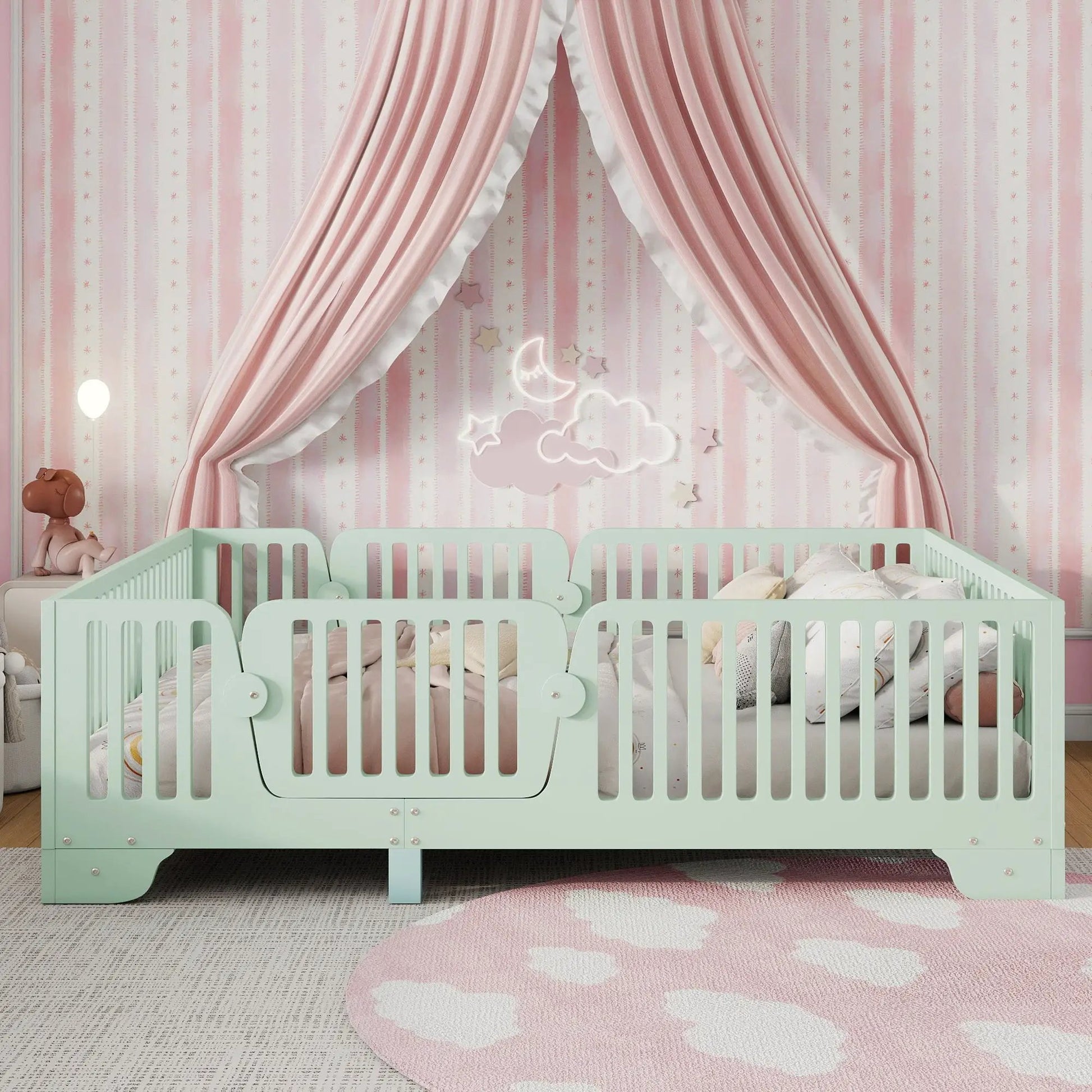 Full Floor Bed With Slats And Fence, Full Size Montessori Floor Beds With Door, No Box Spring Needed, Mint Green by GJG Denim