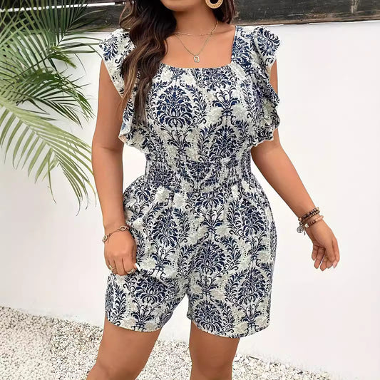 Plus Size Printed Sleeveless Smocking Fitted Waist Backless Vacation Style Jumpsuit