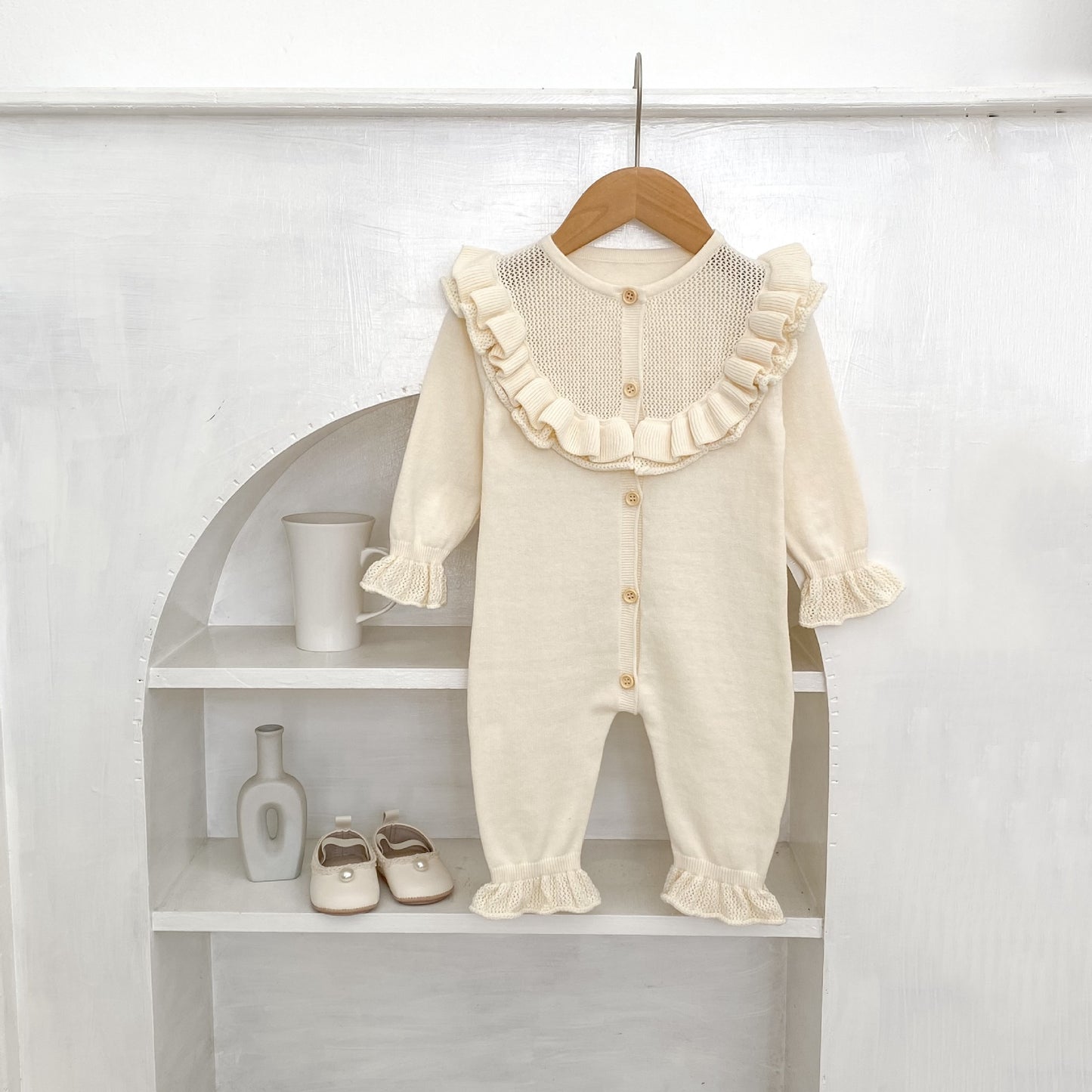 Baby Girl Round Neck Ruffled Stitching Long Climbing Fashionable Stylish Solid Color Jumpsuit